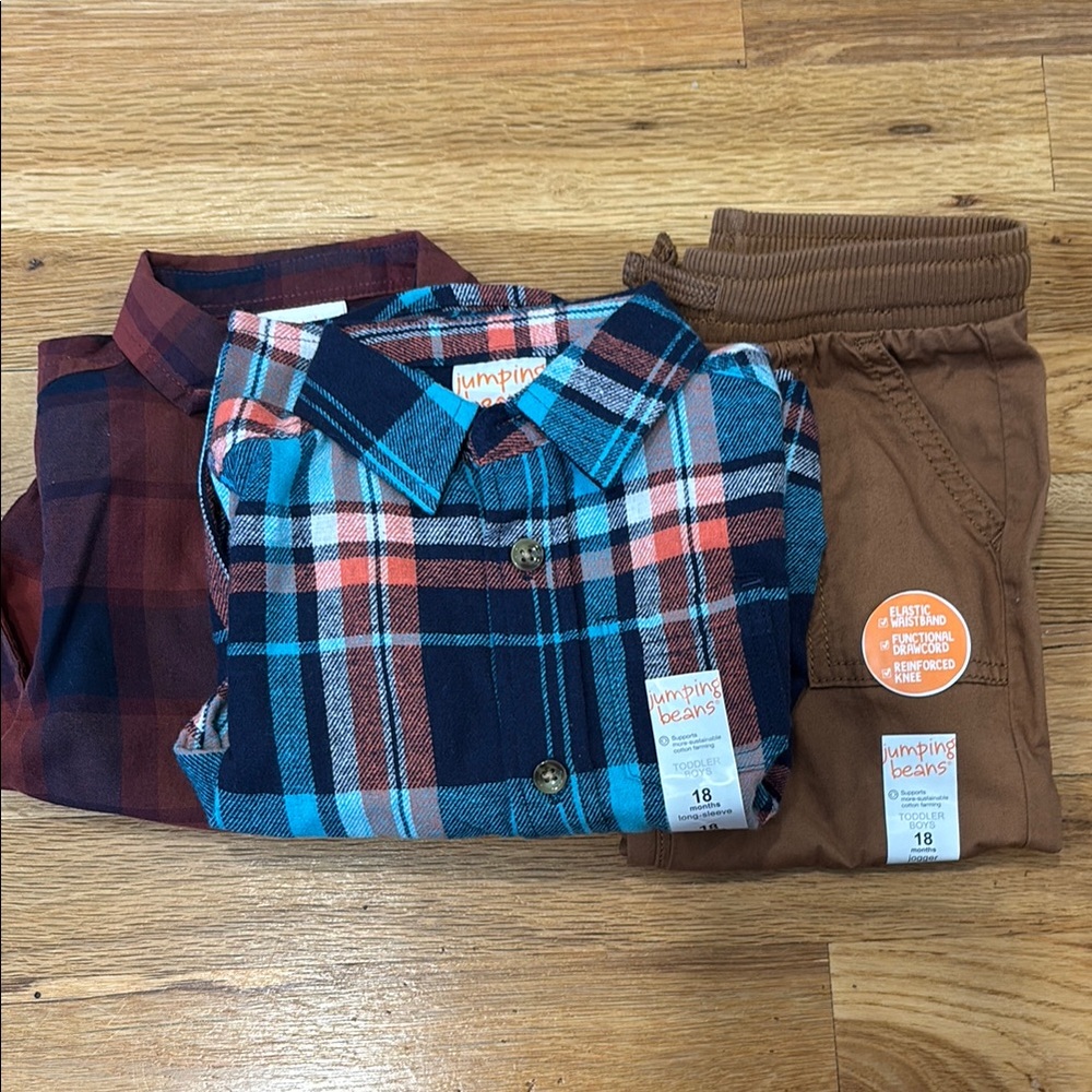 Jumping Beans Red and Blue Plaid Shirts with Brown Pants